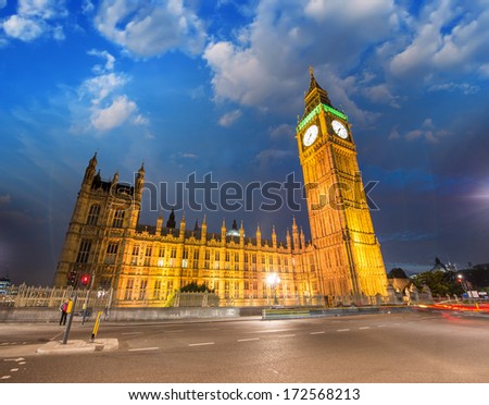 London, UK. Stunning view of Westminster Palace. Houses of Parliament at sunset.