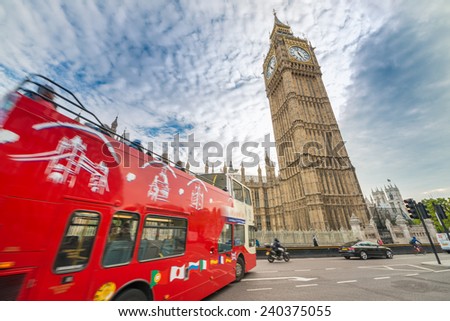 Red Double Decker bus and Big Ben, symbols of London.