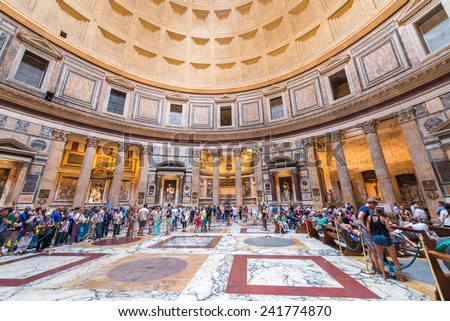 ROME, ITALY - JUNE 14, 2014: Interior of Pantheon in Rome, Italy. Panthenon is roman temple commissioned by Marcus Agrippa during reign of Augustus and rebuilt by emperor Hadrian about 126 AD
