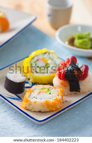 various sushi food with backgrounds