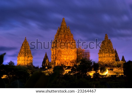 Hindu temple Prambanan. Indonesia, Java, Yogyakarta with dramatic sky