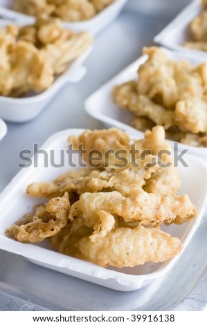 closeup of deep fried mushroom that causes cancer for sale in cameron highlands,malaysia.