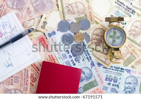 traveling india with background of indian map ,passport ,compass and rupee