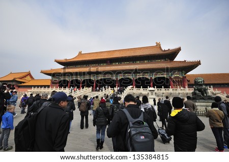 BEIJING, CHINA - APRIL 1:Tourists visit the Palace of Supreme Harmony inside Forbidden City, Beijing on April 1, 2013. The Forbidden City was the palace for the Chinese Emperors for almost 500 years.