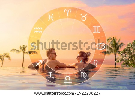 Conceptual photo of happy couple with perfect match and love compatibility between zodiac signs
