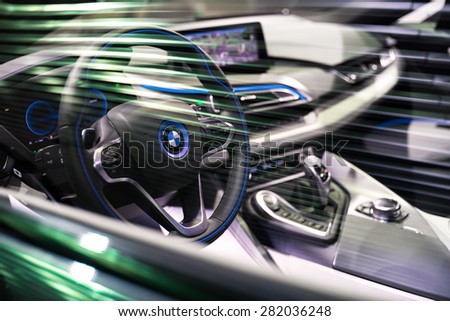 BRUSSELS, BELGIUM - MARCH 25, 2015: Interior view of BMW i8, the newest generation plug-in hybrid sports car developed by BMW.
