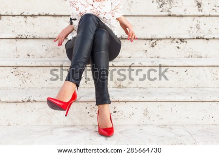 Lady With Red High Heel Shoes Sitting On Stairs Stock Photo 285664730 ...