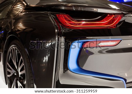 BRUSSELS, BELGIUM - MARCH 25, 2015: Rear lamps of BMW i8, the newest generation plug-in hybrid sports car developed by BMW.