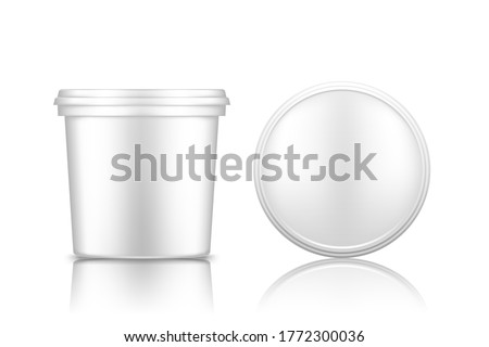 Bucket with cap top view mockup isolated on white background: ice cream, yoghurt, mayo, paint, or putty container. Plastic package design. Blank food or decor product template. 3d vector illustration Stock foto © 