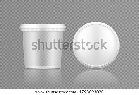 Empty transparent bucket with cap top view mockup for ice cream, yoghurt, mayo, paint, or putty. Plastic package design. Blank food or decor product container template. 3d vector illustration