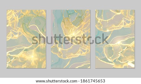 Luxury green, grey and gold marble abstract background set. Alcohol ink technique vector stone textures. Creative paint in natural colors with glitter. Template for banner, poster design. Fluid art