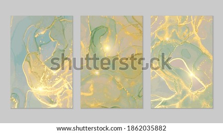 Luxury jade, yellow and gold marble abstract background set. Alcohol ink technique vector stone textures. Creative paint in natural colors with glitter. Backdrop for banner, poster, invitation design