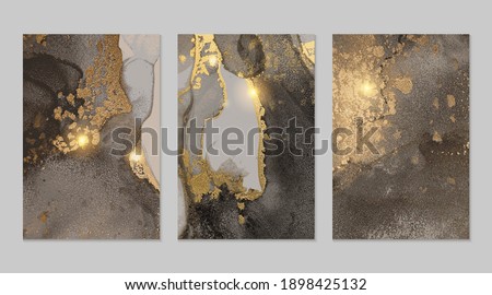 Sparkling grey and gold stone geode pattern. Alcohol ink technique abstract vector background. Modern paint with glitter. Marble texture. Set of templates for banner, poster design. Fluid art painting