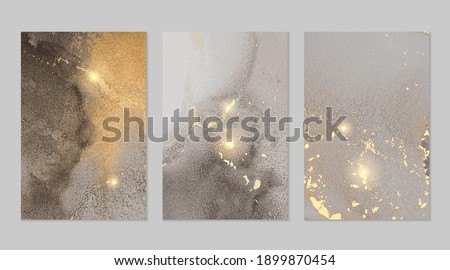 Gold and grey stone marble pattern with sparkles. Abstract vector background in alcohol ink technique. Modern paint with glitter. Set of templates for banner, poster design. Fluid art