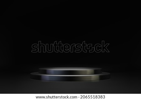 3D minimal scene with black double cylinder podium on dark background. Empty stage for product presentation. Realistic vector platform with free space. Minimalistic mockup design. Pedestal template