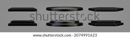 Empty black plinth for product presentation. Podiums set on transparent background. Realistic 3D vector platforms with free space. Minimalistic mockup design. Template of pedestal