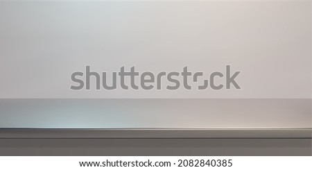 Silver steel countertop, empty shelf. Vector realistic mockup of table top, kitchen counter on gray background with spot light. Bar desk surface in foreground