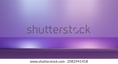 Purple steel countertop, empty shelf. Vector realistic mockup of table top, kitchen counter on violet background with spot light. Bar desk surface in foreground