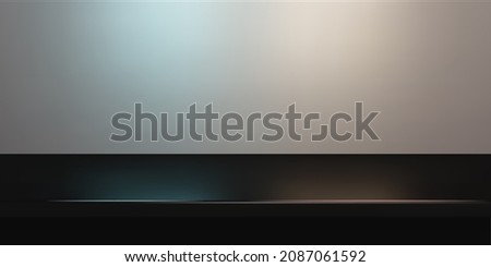 Black steel countertop, empty shelf. Vector realistic mockup of table top, kitchen counter on gray background with spot light. Bar desk surface in foreground