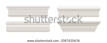 Set of white skirting baseboard moulding. Ceiling crown on white background. Plaster, wooden or styrofoam interior decor. Classic home design. Vector illustration. Foto d'archivio © 