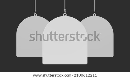 Semi rounded pennant dangler hanging from ceiling realistic mockup set. Mock up of advertising promotion pointer for supermarket sale announcement on dark background. Mall store vector illustration Stock foto © 