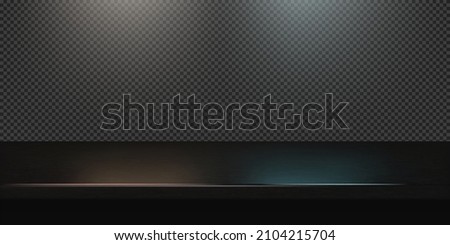 Black gold steel countertop, empty shelf. Vector realistic mockup of table top, kitchen counter on transparent background with spot light. Bar desk surface in foreground