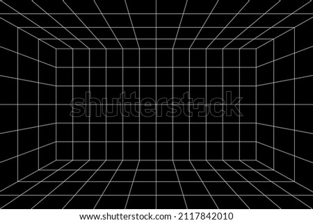 3D white grid of black room with one point perspective. Empty geometric cyberspace studio background. Virtual three dimension scene. Easy guide architecture template