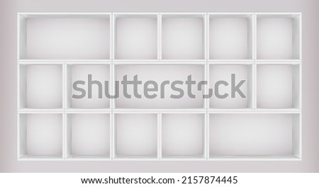 3D vector mockup of white empty cabinet with shelves on the wall. Kitchen furniture or bookshelf for office and home. Shop, gallery showcase. Blank retail storage space. Interior design furniture