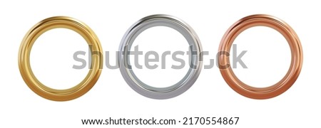 Set of gold, cilver and brass metal grommet rings for paper, card, tag, sticker or hanger isolated on white background. Banner steel or chrome circle realistic eyelet mockup. Vector illustration