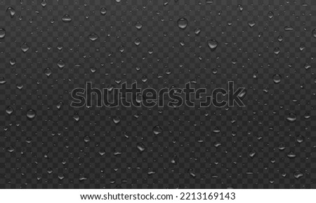 Realistic water droplets transparent pattern on dark background. Raindrops on glass. Shower or rain on window. Drops texture. Condensed wet on surface. Vector illustration