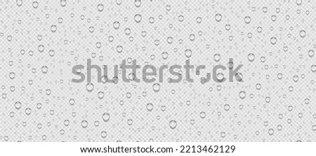 Realistic water droplets transparent pattern on light background. Raindrops on glass. Shower or rain on window. Drops texture. Condensed wet on surface. Vector illustration