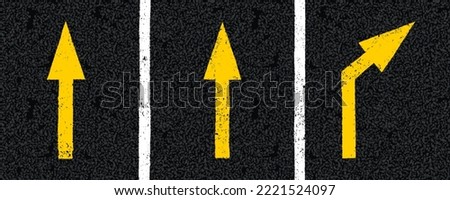 Yellow directional arrow signs on tarmac road top view. Highway traffic mark vector illustration. Background with old paint texture on asphalt surface. Roadway seamless pattern. Urban driveway
