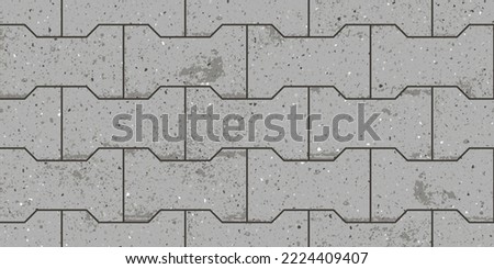 Seamless pattern of pavement with dumble interlocking textured concrete bricks. Vector pathway texture top view. Outdoor concrete slab sidewalk. Cobblestone footpath or patio. Block floor