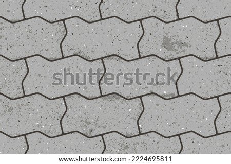 Seamless pattern of pavement with figured interlocking textured concrete bricks. Vector pathway texture top view. Outdoor concrete slab sidewalk. Cobblestone footpath or patio. Block floor