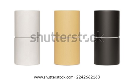 Set of paper tube package mockups on white background. Blank craft carton circular realistic box with grainy texture. Cylindrical container with cap for product branding. Vector illustration