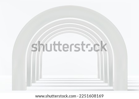 Empty corridor of several white round arches in perspective with white floor and shadows. Minimal background. Abstract architecture. Vector illustration of archway. Inside interior