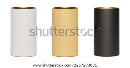 Set of kraft paper tube packages with golden lid mockup on white. Blank craft carton circular realistic box with texture. Cylindrical container with cap for product branding. Vector illustration