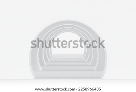 White 3d empty corridor of several round arches in perspective with shadows. Minimal background. Abstract architecture. Vector illustration of archway. Inside interior