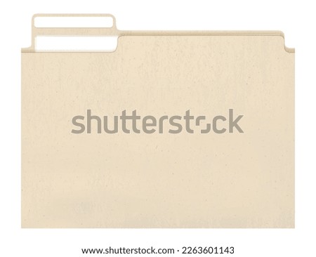 Manila kraft folder with cut tab and papers isolated on white. Paper case archive for document and reports. Craft paper with grainy texture. Beige blank cardboard. Recycled package vector illustration