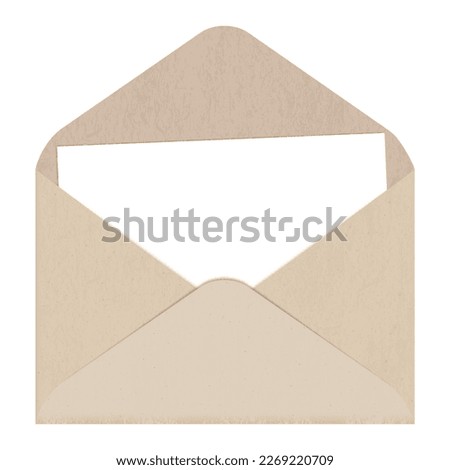 Horizontal manila envelope with sheet of paper isolated on white background. Craft paper with grainy texture. Beige blank kraft cardboard. Recycled package carton vector illustration