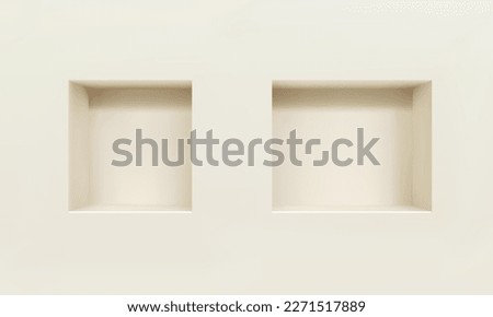 Two empty niches or shelf on white wall 3D mockup. Shop, gallery plastic or wooden showcase to present product. Blank retail storage space. Interior design furniture. Living room bookshelf