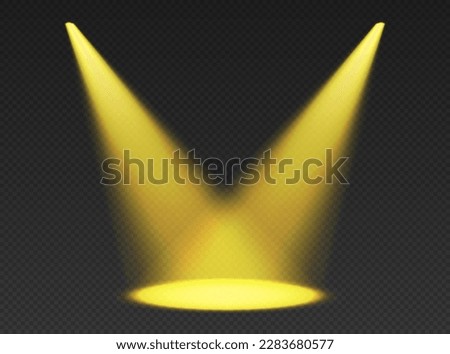 Two stage limelights. Yellow cone lights from top with darkened edges. Volumetric spotlight effect on dark background. Empty studio or concert scene. 3d rendering.