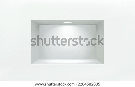 Empty niche or shelf on white wall with led light 3D mockup. Shop, gallery plastic or wooden showcase to present product. Blank retail storage space. Interior design furniture. Living room bookshelf