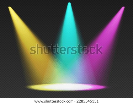 Three stage limelights. Yellow, blue and pink cone lights from top with darkened edges. Volumetric spotlight effect on dark background. Empty studio or concert scene. 3d rendering.