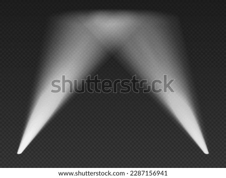 Two white searchlights in the air. Cone volumetric lights from bottom with darkened edges. Spotlight effect on dark background. Empty studio or concert scene. 3d rendering.