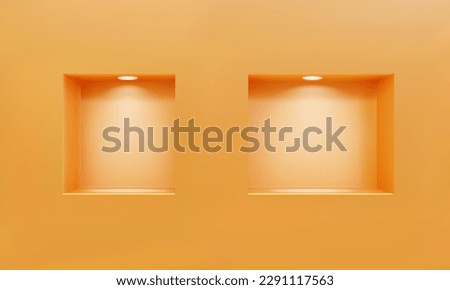 Two empty niches or shelves on orange wall with led spotlight 3D mockup. Shop, gallery showcase to present product. Blank retail storage space. Interior design furniture. Living room bookshelf