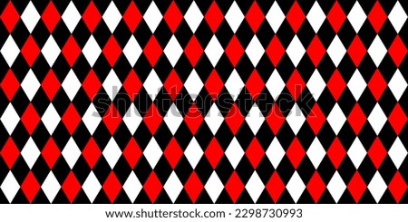 Harlequin seamless pattern in red, black and white colors. Argyle classic fabric design. Diamond or lozenge simple background. Joker geometric vector wallpaper. Venetian rhombus carnival ornament.