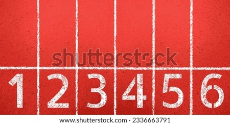 Top view of the starting position of the red rubber surface of the running track. Aerial view of the stadium competition lane numbers separated by white lines. Vector illustration of sports background