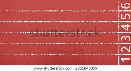 Red runnig track with rubber surface texture top view. Aerial view of the starting numbers of the competition lane of the stadium, separated by white lines. Sports background vector illustration