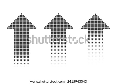 Three black halftone up arrows with pixel pattern on a white background. Retro video game elements. Vintage 8 bit symbol